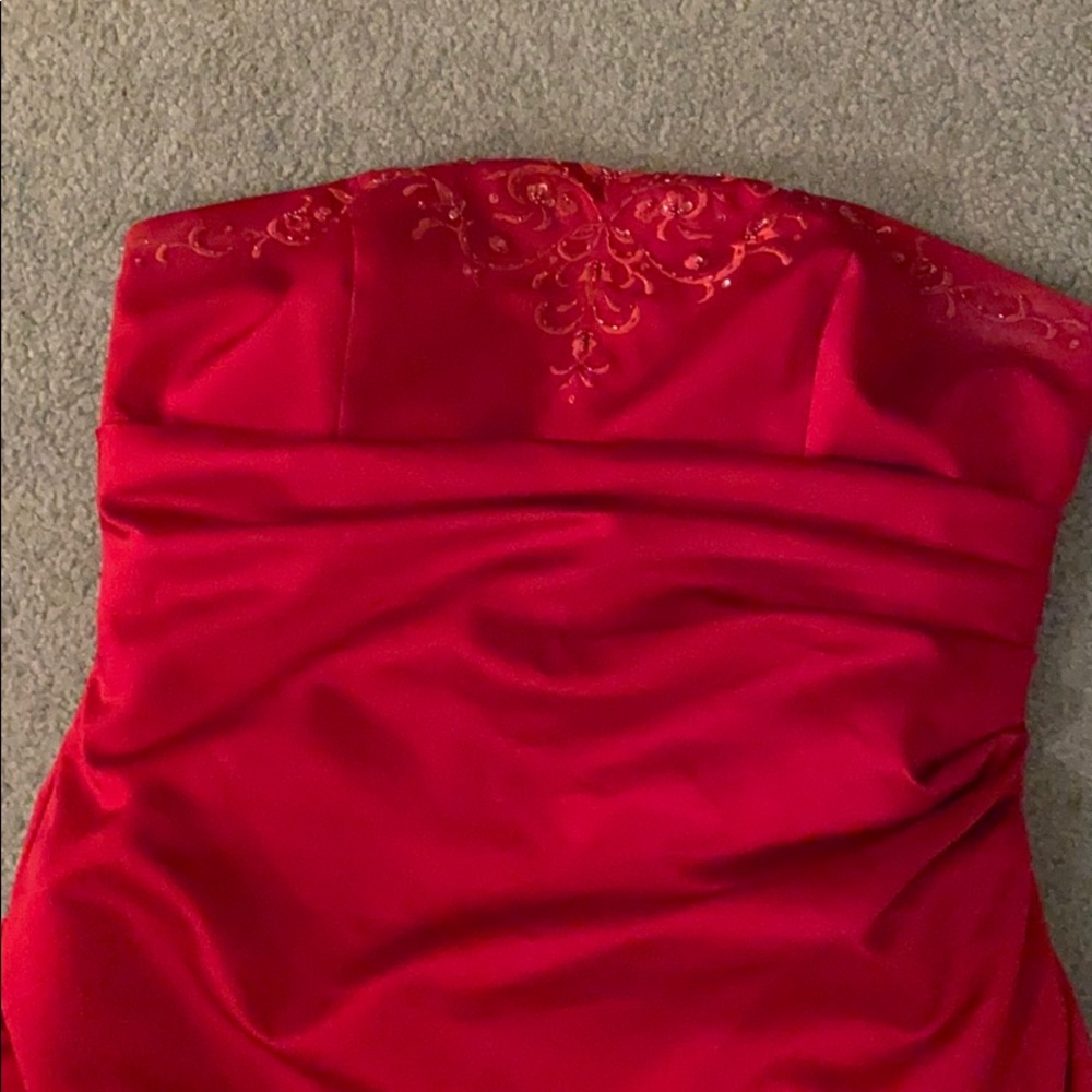 David’s Bridal Red Strapless Formal Gown with Wrap